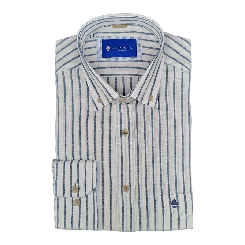 Camisa Raya Media Lino-Algodón (Azul)
